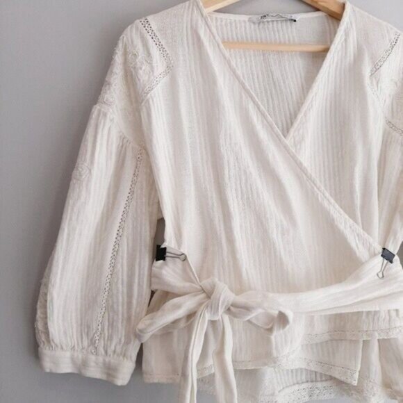 ZARA Cotton Linen Blend Boho Floral Embroidery Wrap Top Sz S - Picture 4 of 13